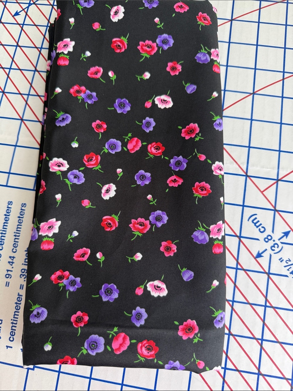 Vintage 80s 90s Ditsy Floral Fabric Black Pink Purple Polyester 2.25 Yards